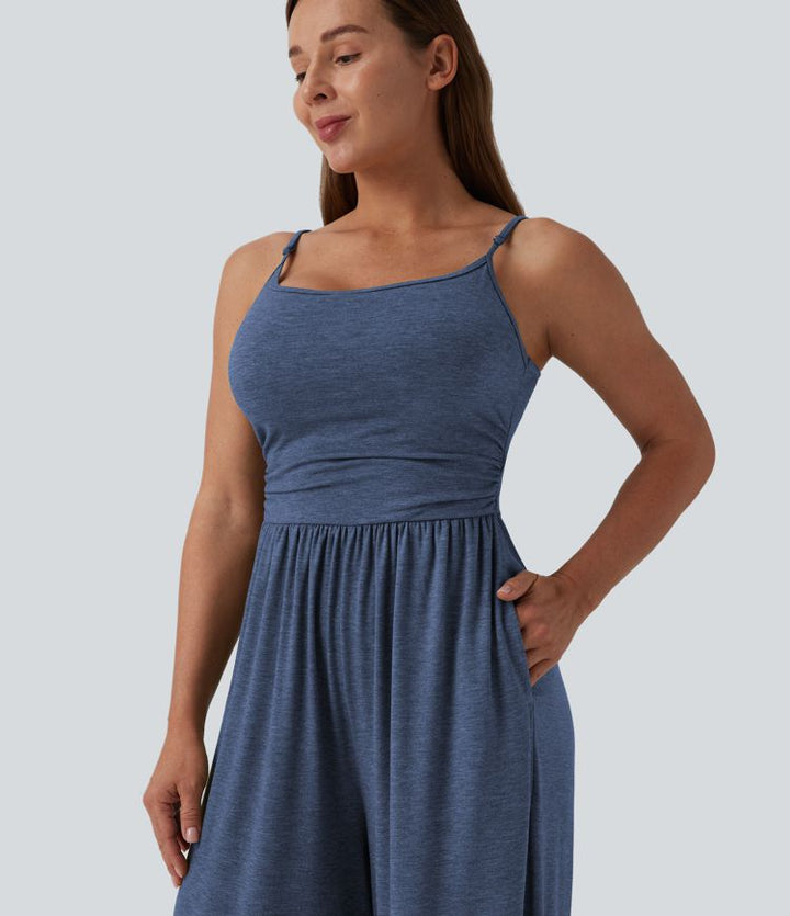 Adjustable Straps Ruched Wide Leg Heathered Casual Jumpsuit with Pockets-Easy Peezy