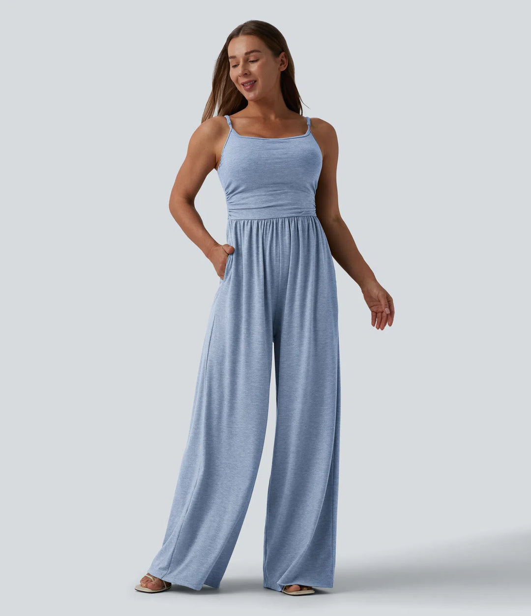 Adjustable Straps Ruched Wide Leg Heathered Casual Jumpsuit with Pockets-Easy Peezy