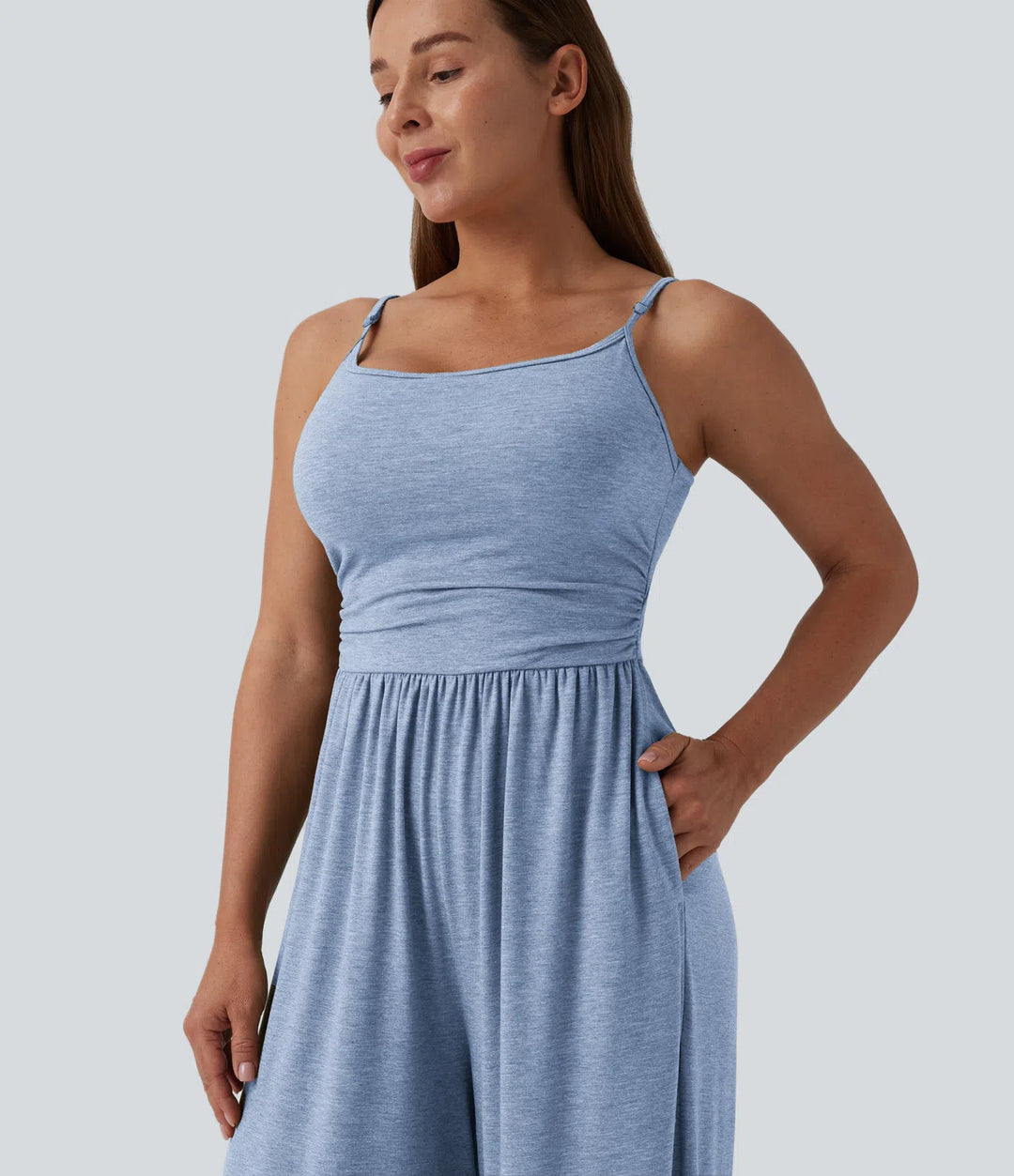 Adjustable Straps Ruched Wide Leg Heathered Casual Jumpsuit with Pockets-Easy Peezy