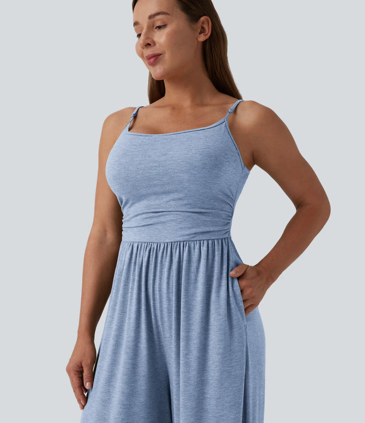 Adjustable Straps Ruched Wide Leg Heathered Casual Jumpsuit with Pockets-Easy Peezy