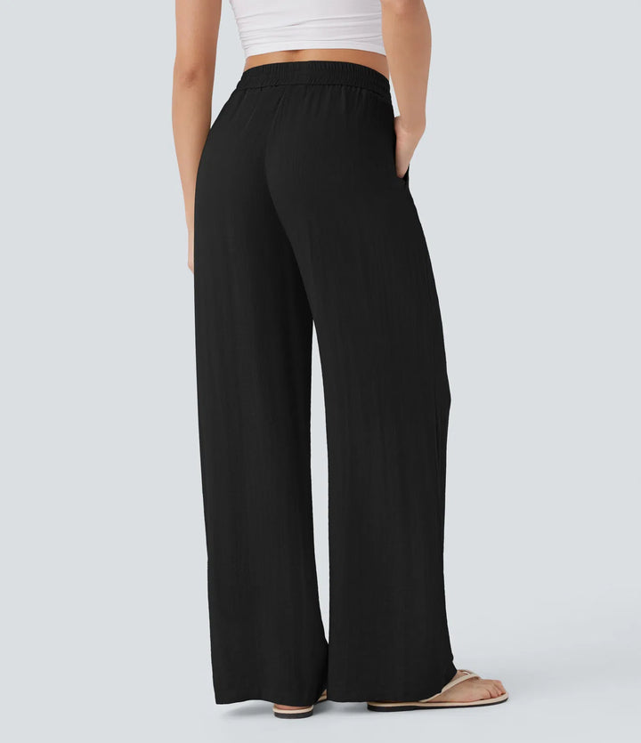 High Waisted Drawstring Pocket Wide Leg Casual Linen-Feel Pants