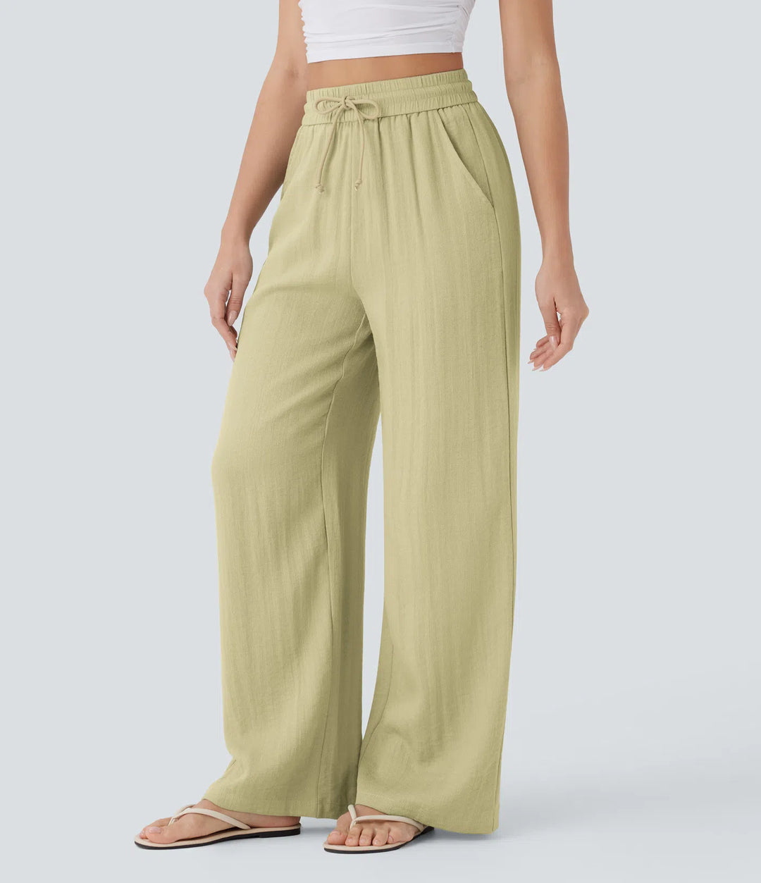 High Waisted Drawstring Pocket Wide Leg Casual Linen-Feel Pants