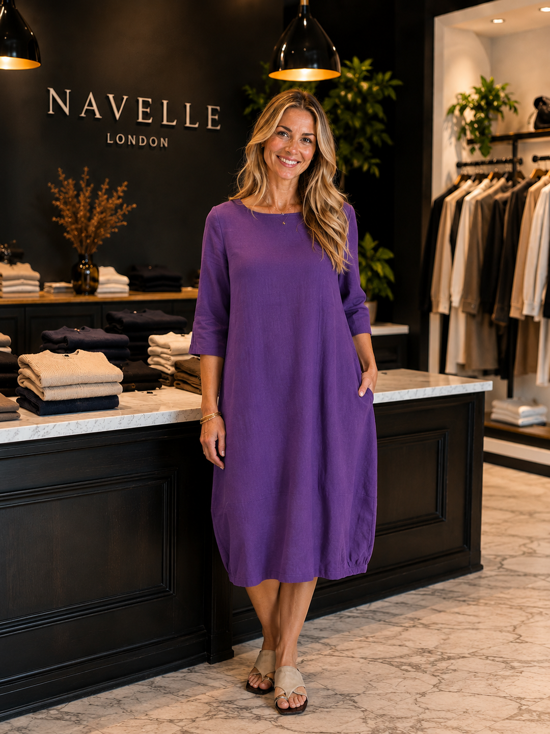 100% Linen Collarless Mid-Length Dress