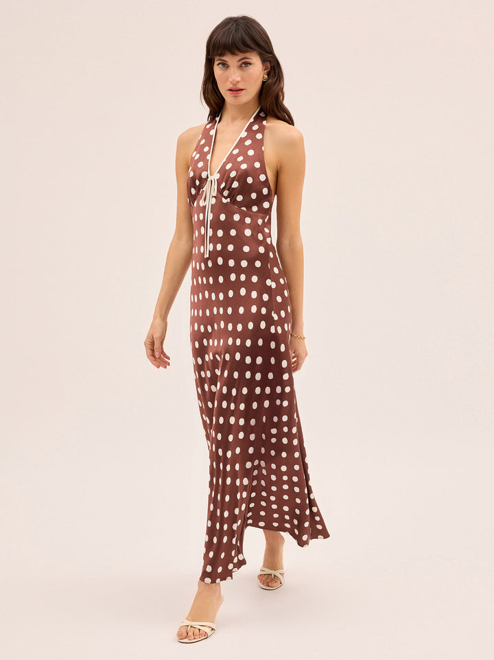 Amalia Chocolate Blurred Polka Dot Print Halter Dress
