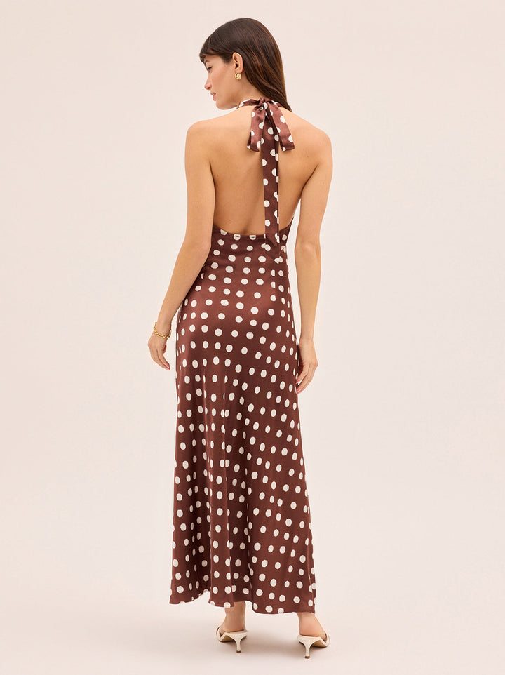 Amalia Chocolate Blurred Polka Dot Print Halter Dress