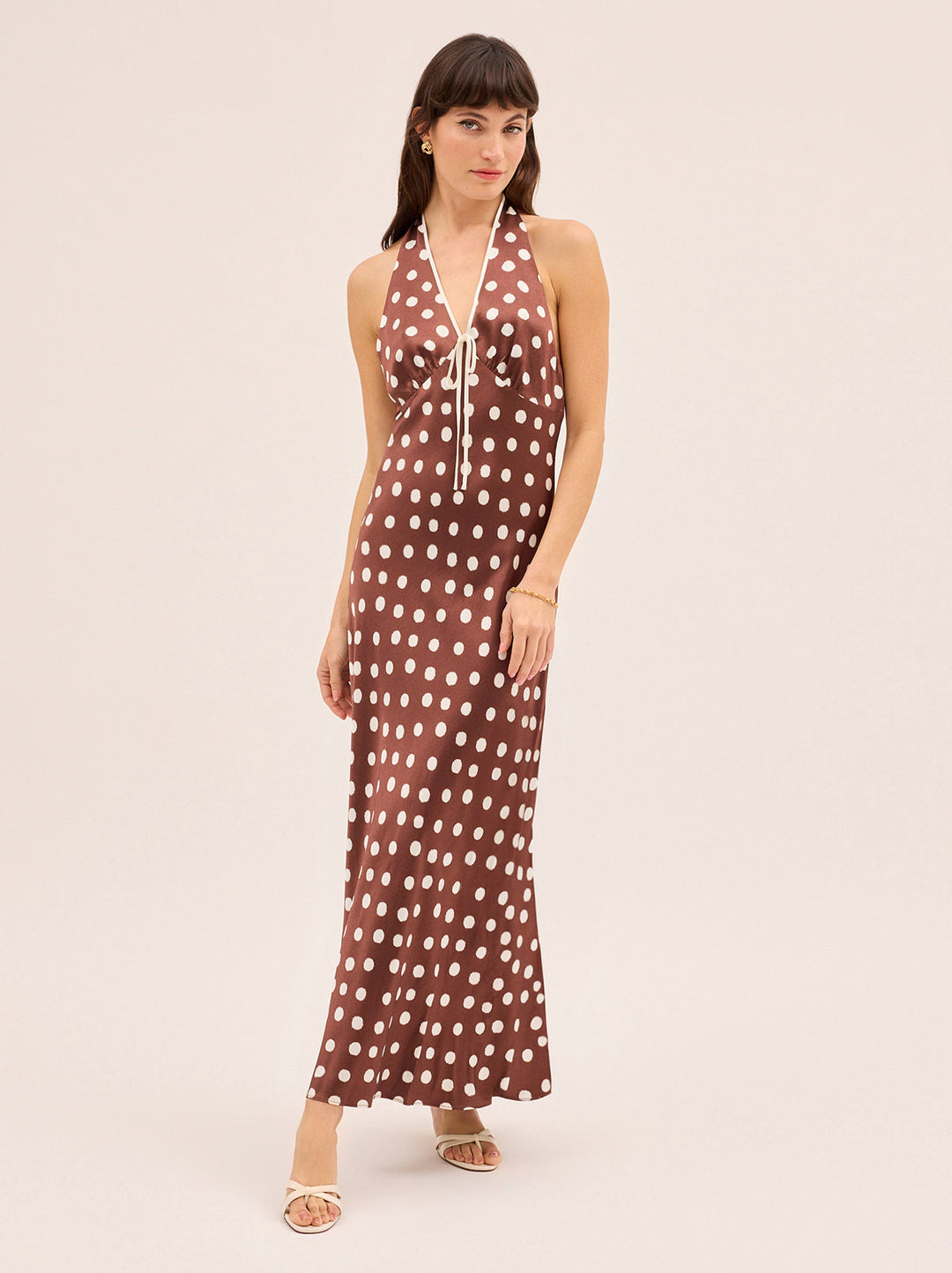 Amalia Chocolate Blurred Polka Dot Print Halter Dress