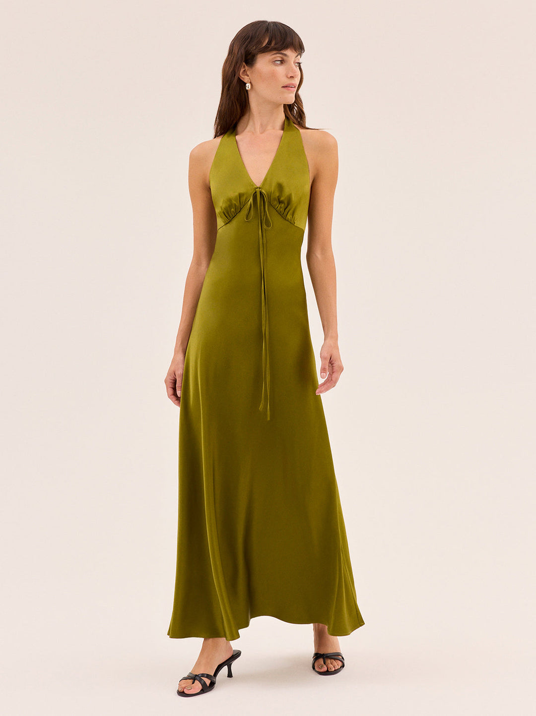 Amalia Olive Satin Halterneck Dress