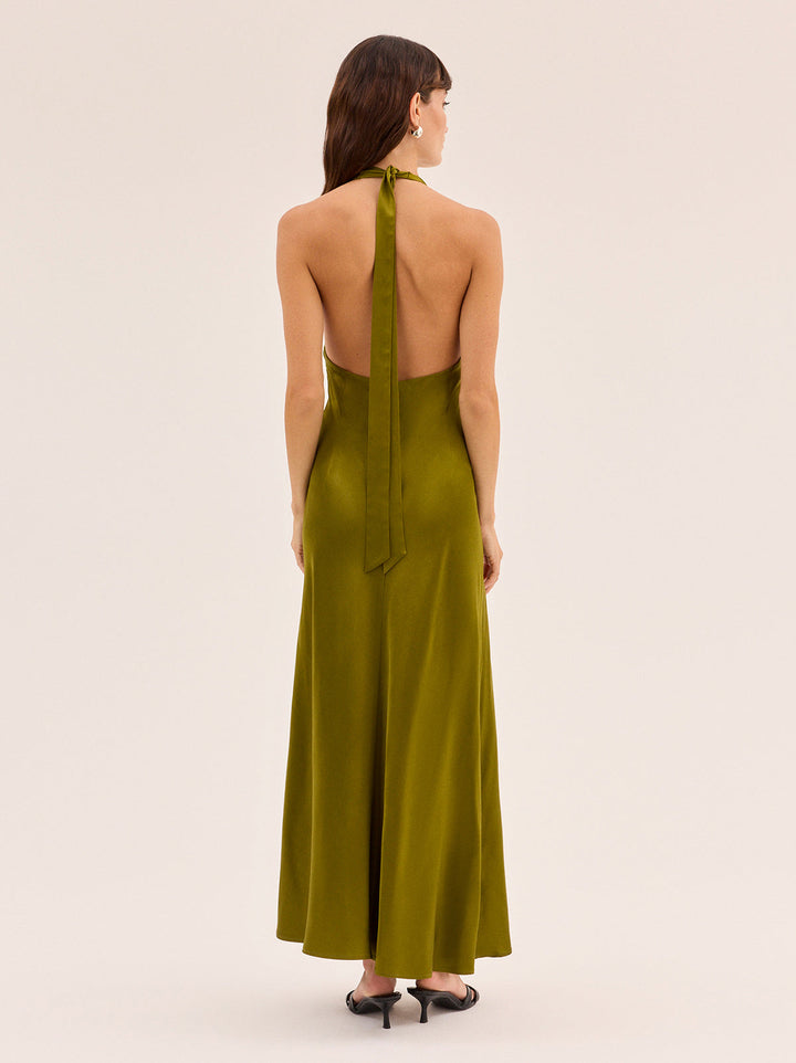 Amalia Olive Satin Halterneck Dress
