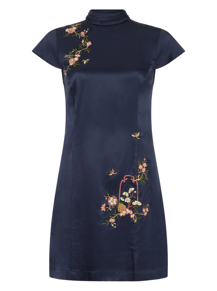Amira Navy Satin Embroidered Mini Dress