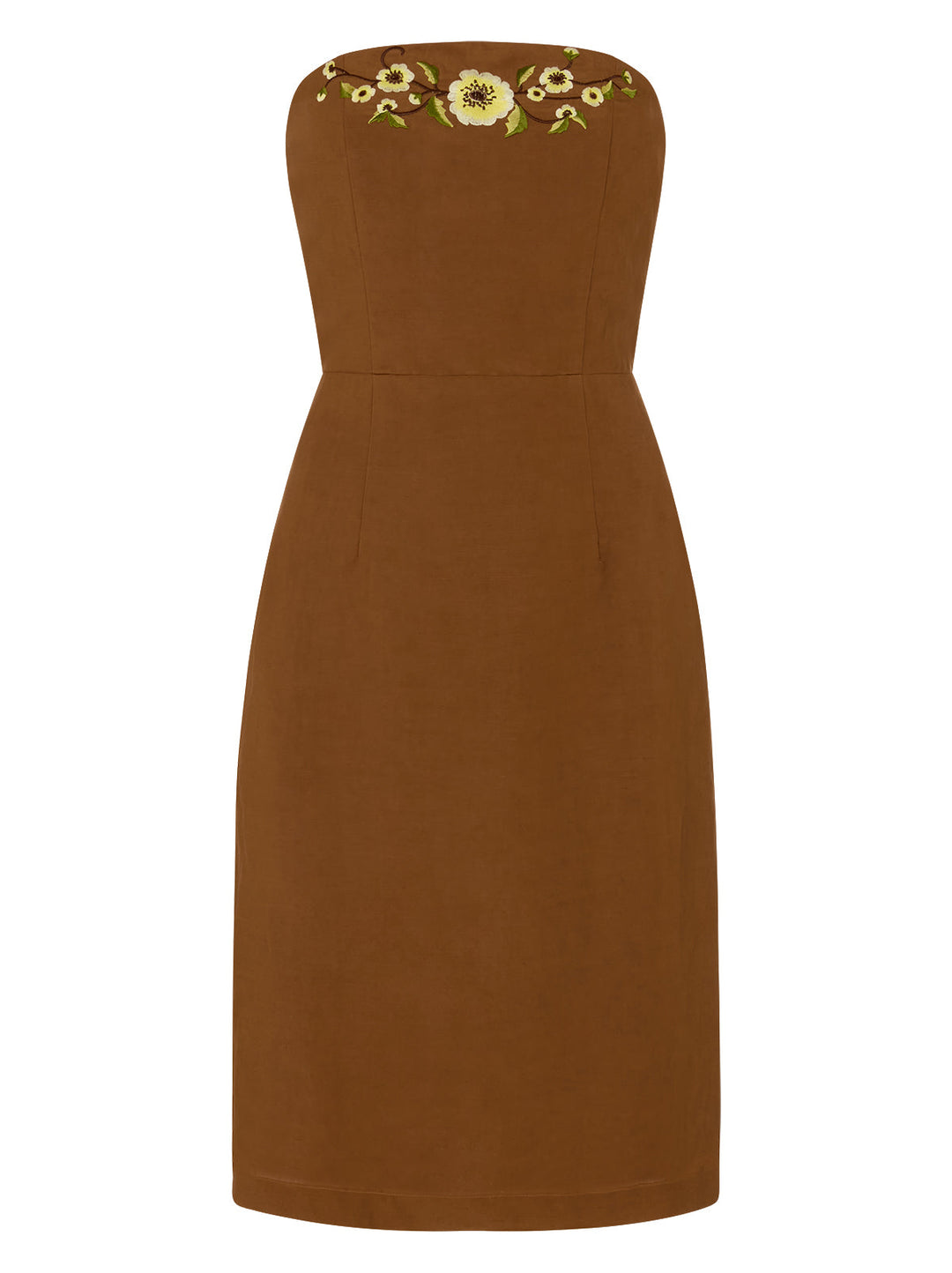 Cara Pecan Embroidered Strapless Dress