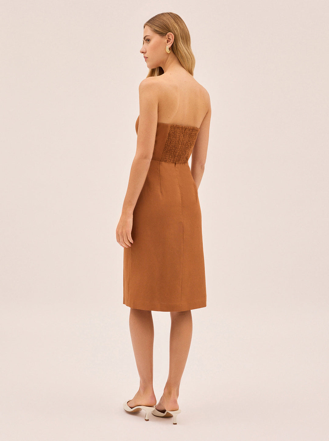 Cara Pecan Embroidered Strapless Dress