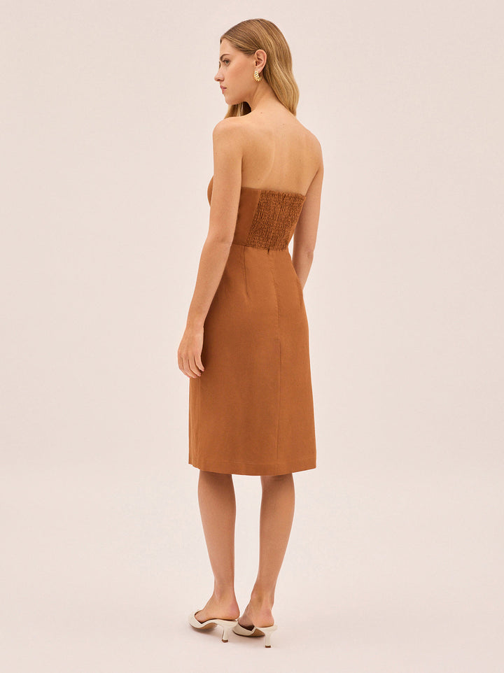 Cara Pecan Embroidered Strapless Dress