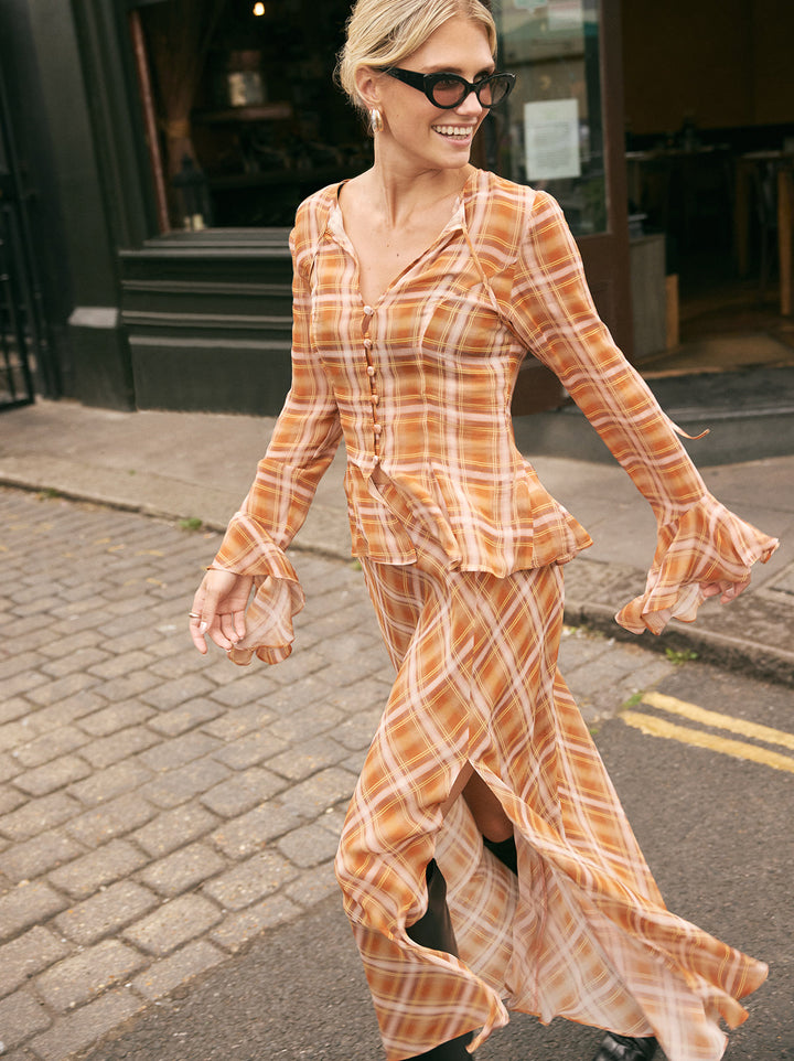 Zoe Apricot Check Print Skirt