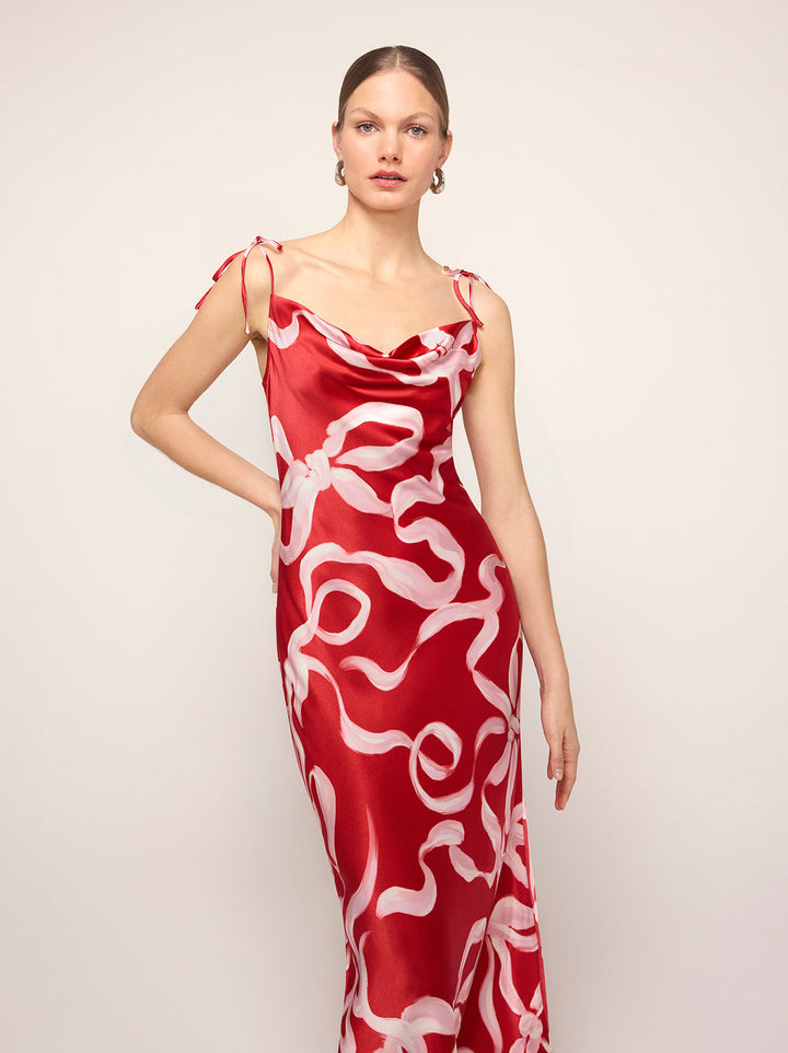 Cindy Red Ribbon Print Maxi Dress