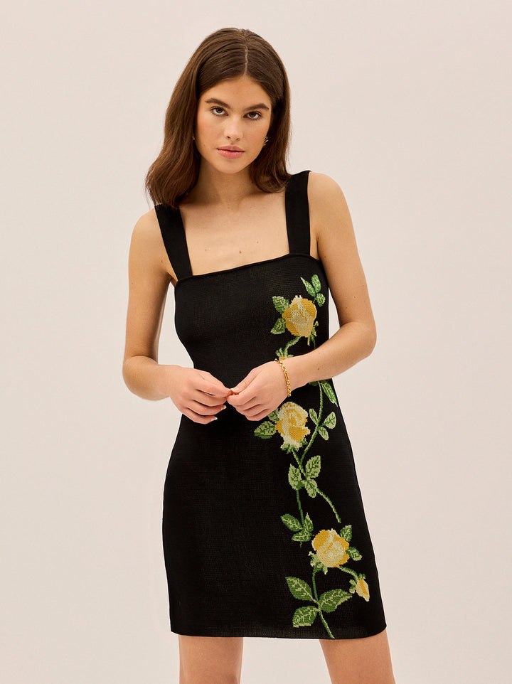 Corrine Black Rose Knit Mini Dress