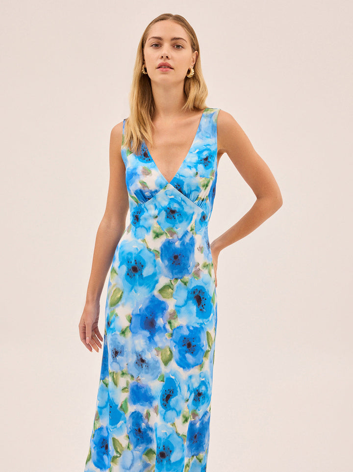 Danna Blue Watercolour Poppy Print Dress