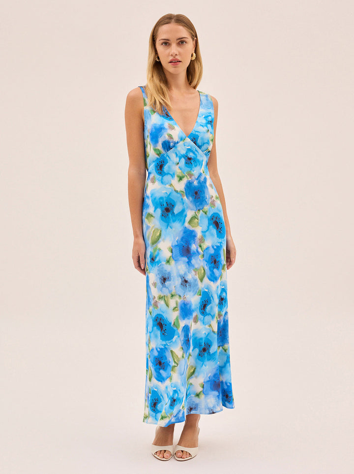 Danna Blue Watercolour Poppy Print Dress
