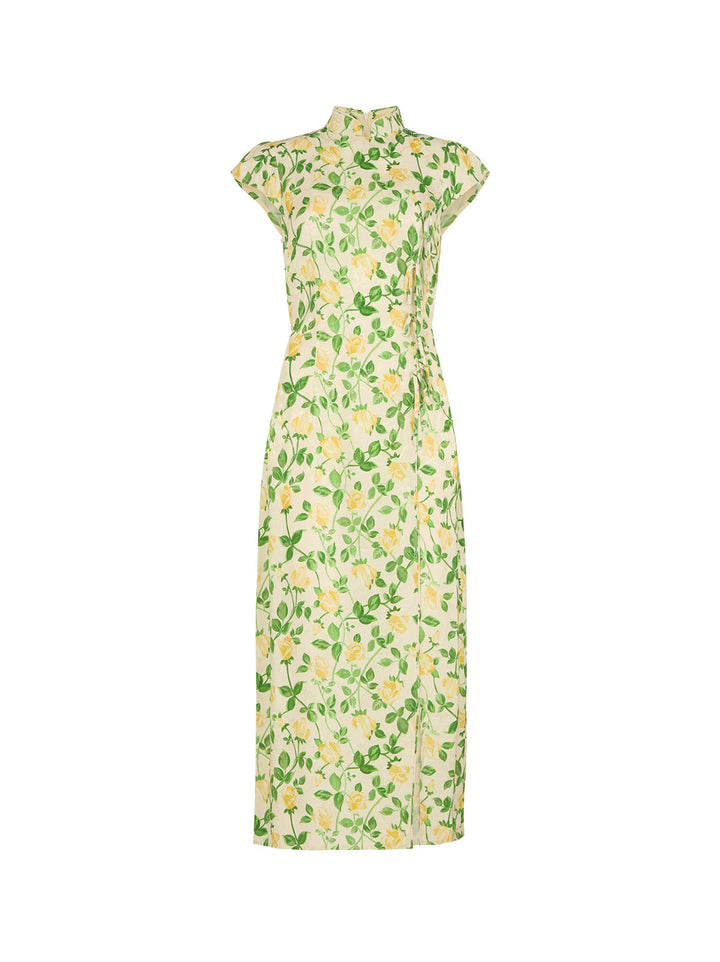 Elena Yellow Rose Printed Jacquard Dress