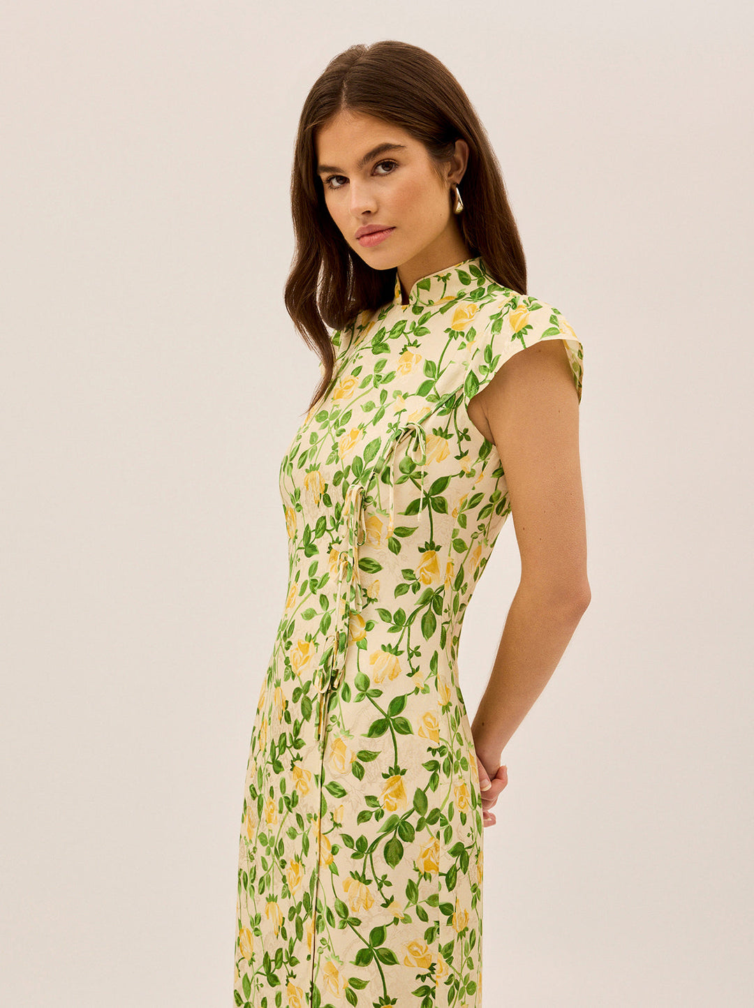 Elena Yellow Rose Printed Jacquard Dress