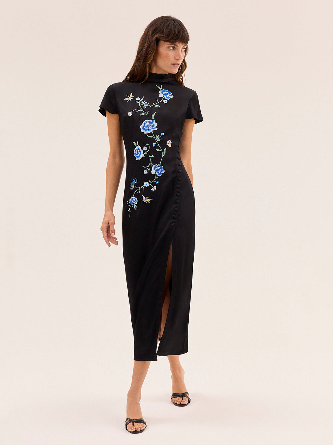 Elspeth Black Satin Embroidered Dress