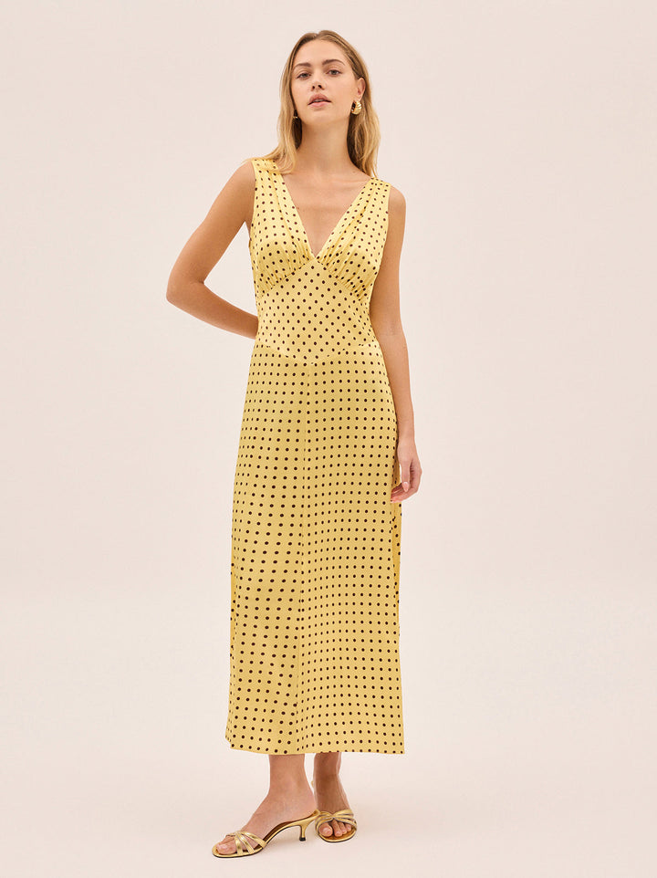 Gaia Yellow Pin Dot Print Dress