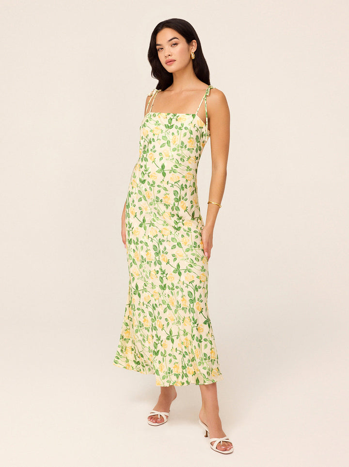 Giulia Yellow Rose Printed Jacquard Tie Shoulder Maxi Dress