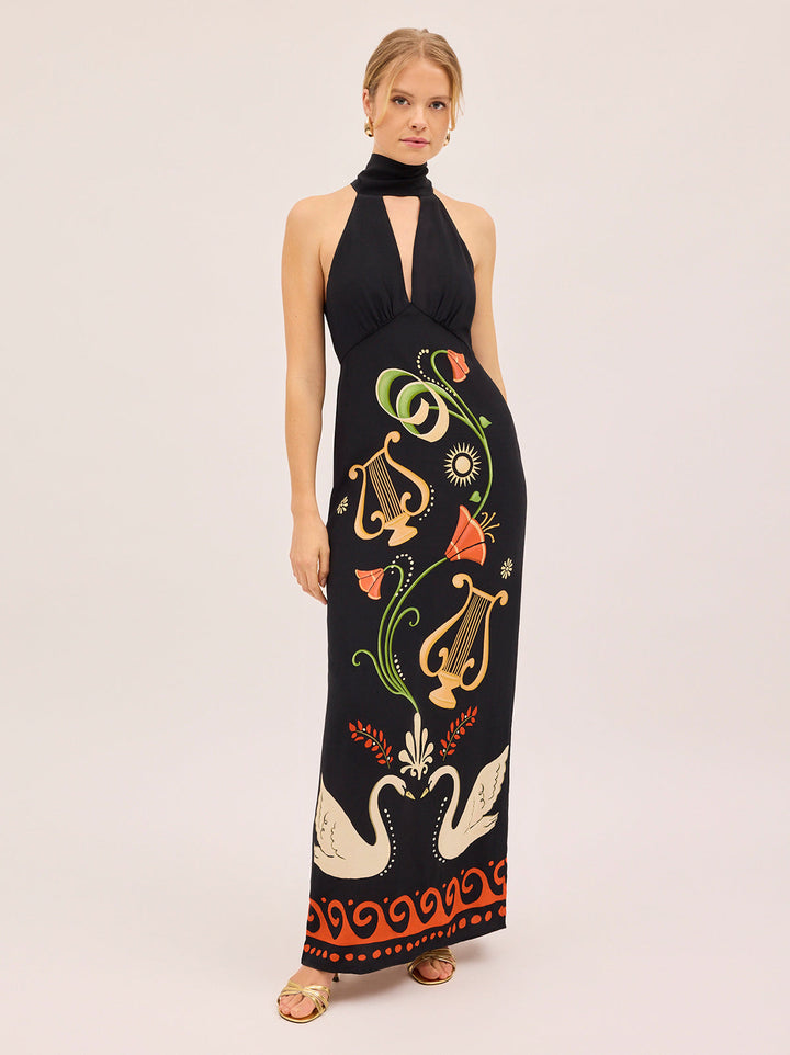 Jacquetta Black Cygnus And Lyra Print Halterneck Maxi Dress