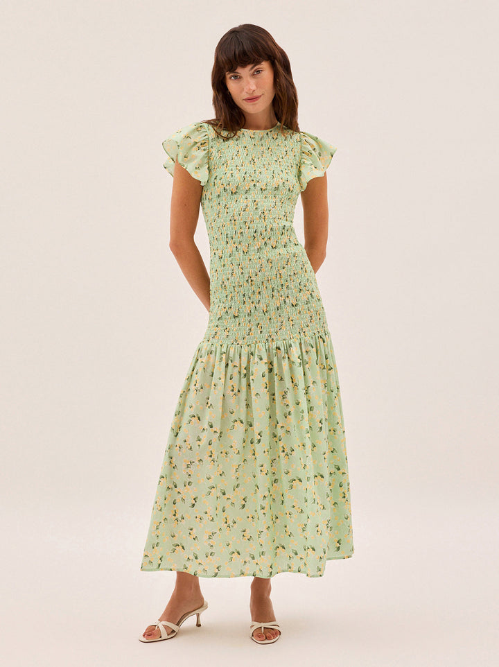 Jemima Green Cherry Print Shirred Maxi Dress
