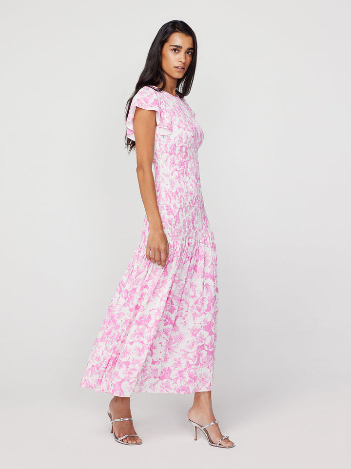 Jemima Pink Pansy Print Shirred Maxi Dress