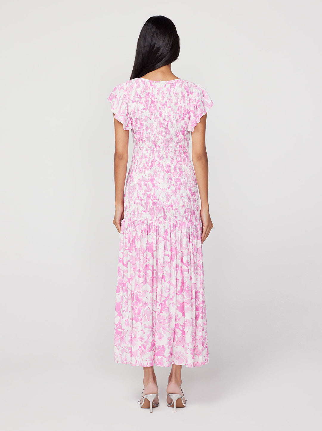 Jemima Pink Pansy Print Shirred Maxi Dress