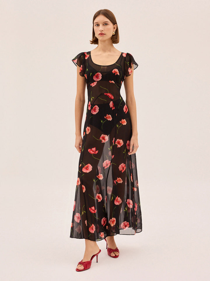 Kaia Black Poppy Print Dress