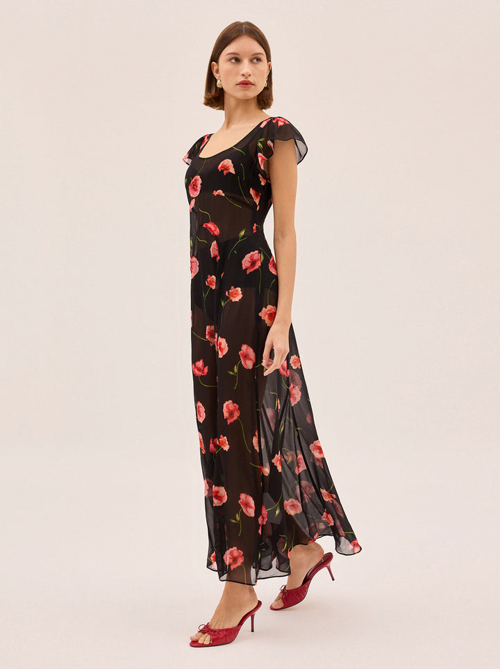 Kaia Black Poppy Print Dress