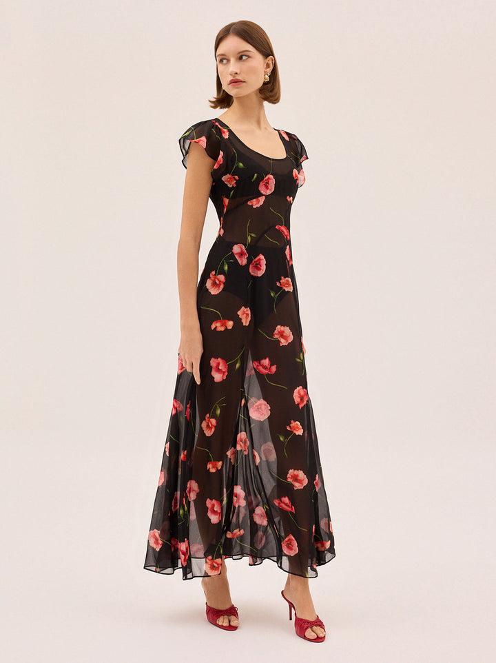 Kaia Black Poppy Print Dress