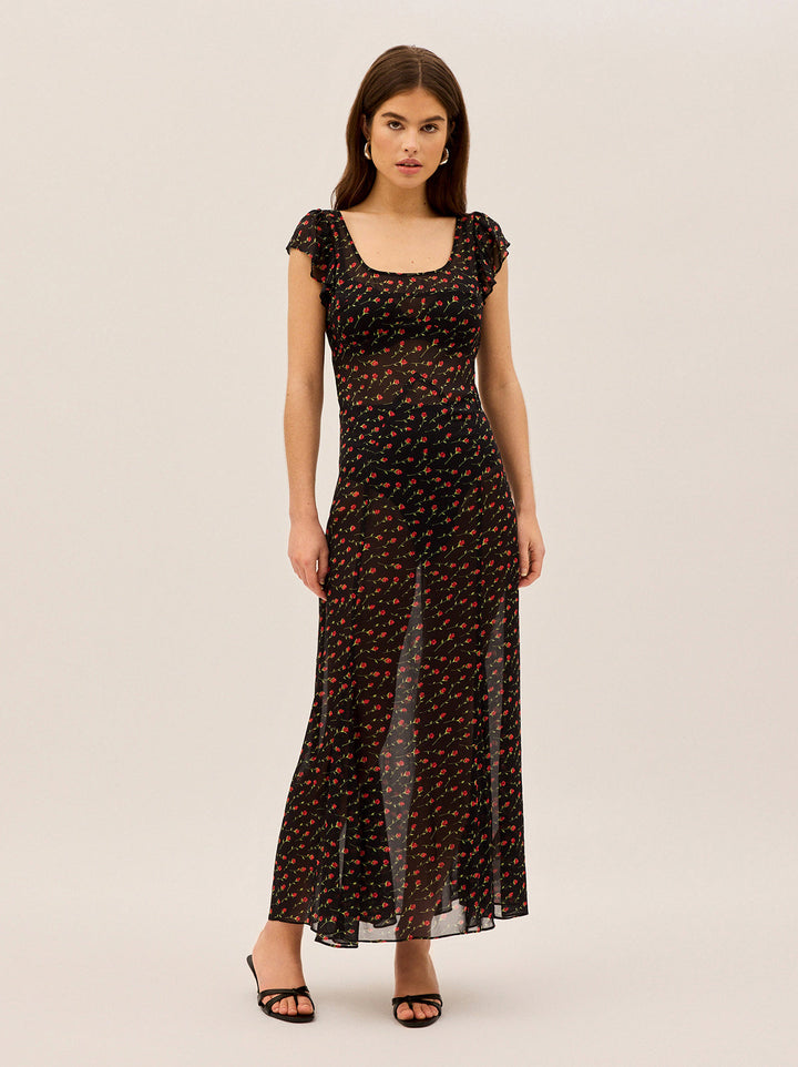 Kaia Black Rose Print Maxi Dress
