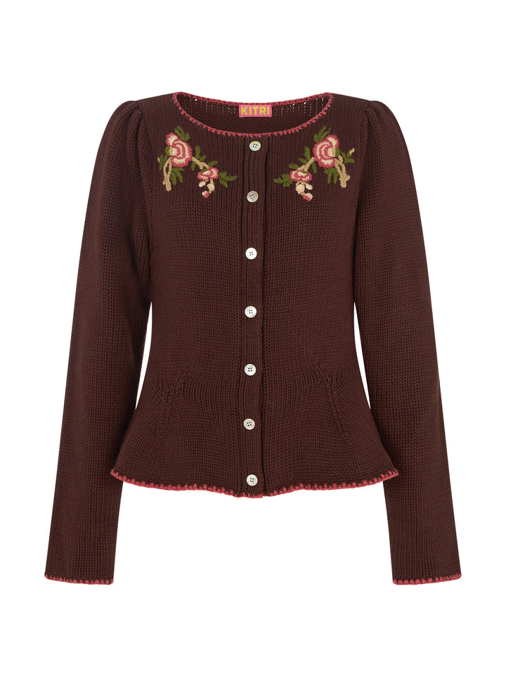 Leonie Chocolate Embroidered Knit Cardigan