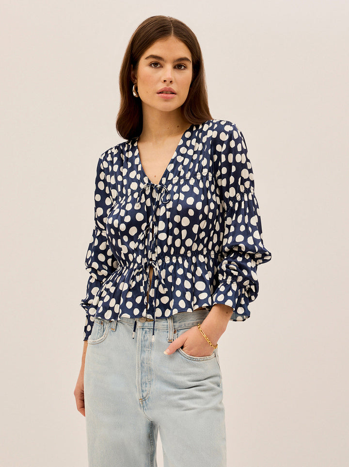 Maia Navy Polka Dot Satin Top