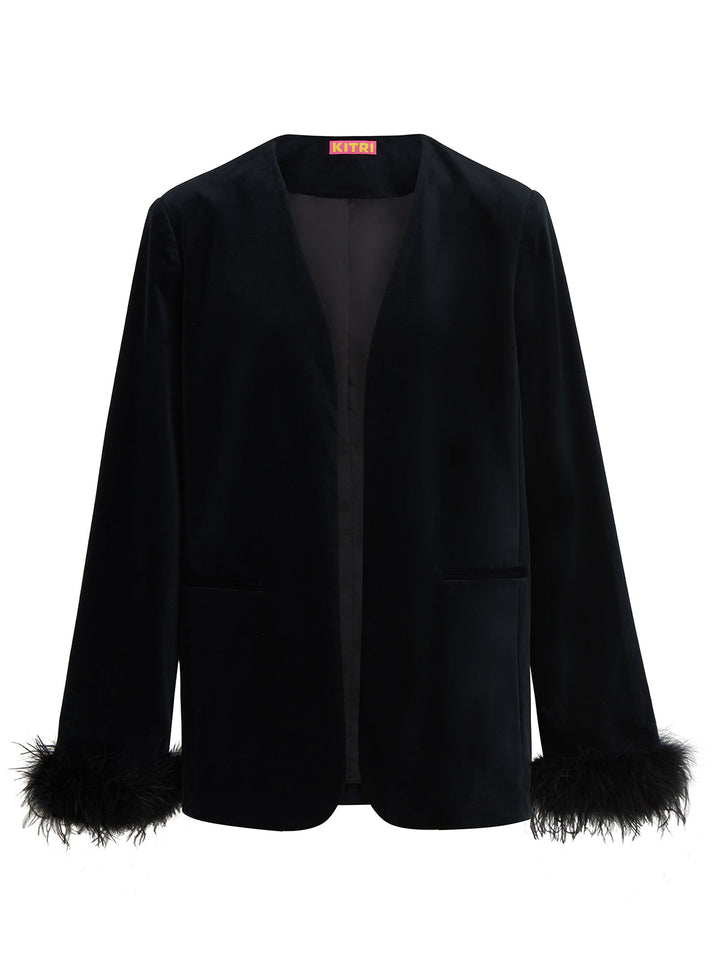Marlene Black Velvet Feather Blazer