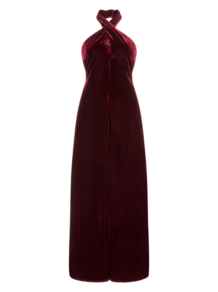 Neve Burgundy Velvet Halter Dress