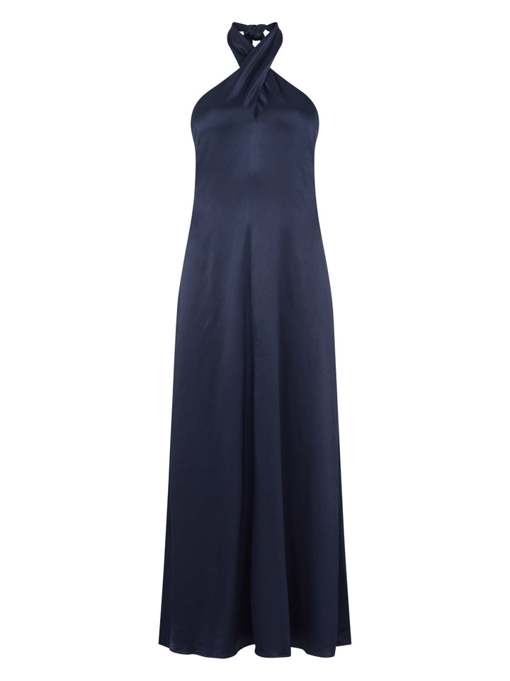 Neve Navy Satin Halterneck Dress