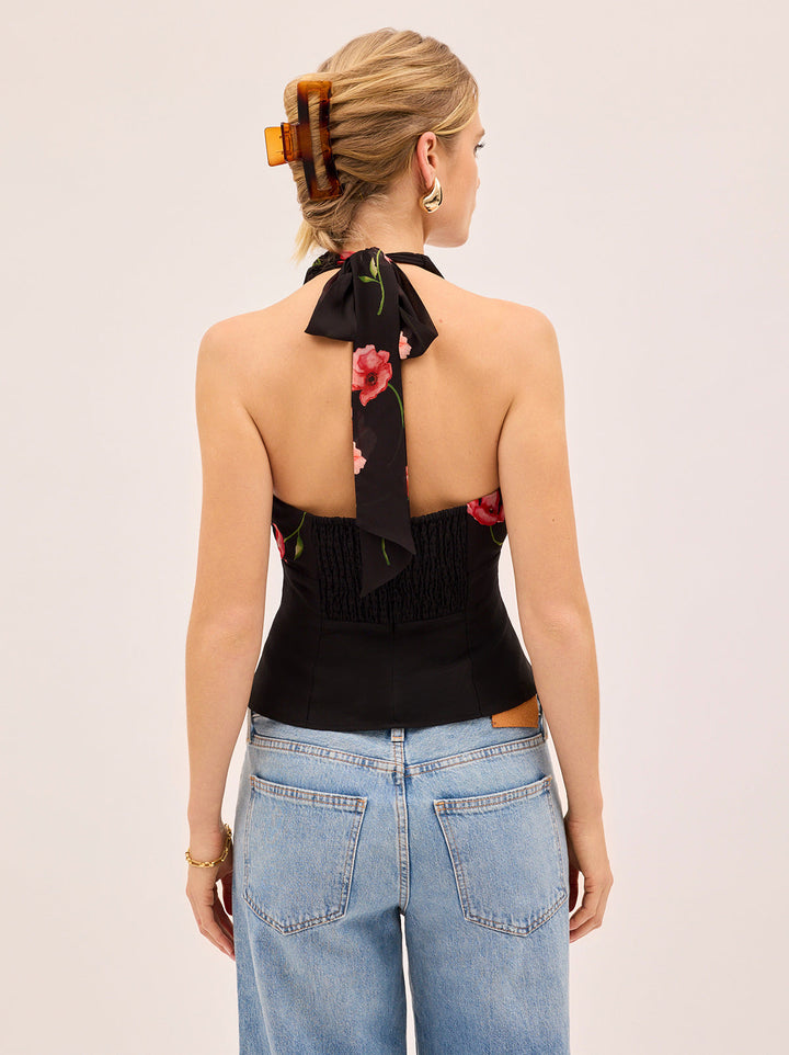 Raine Black Poppy Print Halter Top