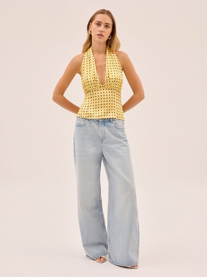 Raine Yellow Pin Dot Print Halter Top