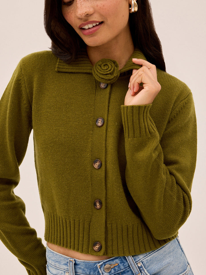 Romy Olive Wool-Blend Collared Cardigan