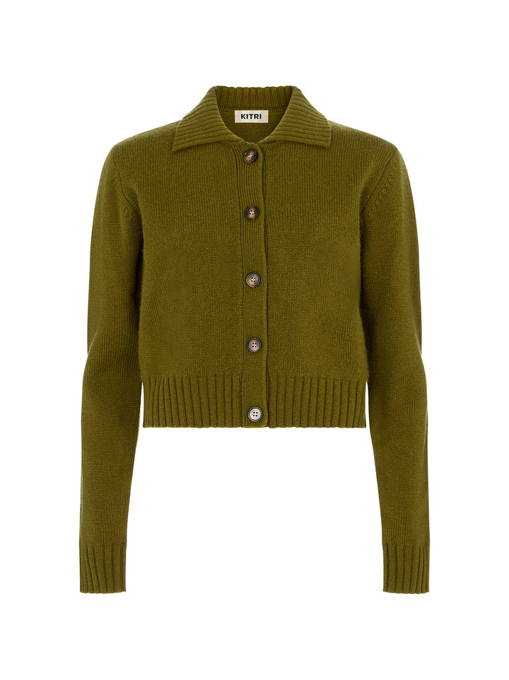 Romy Olive Wool-Blend Collared Cardigan