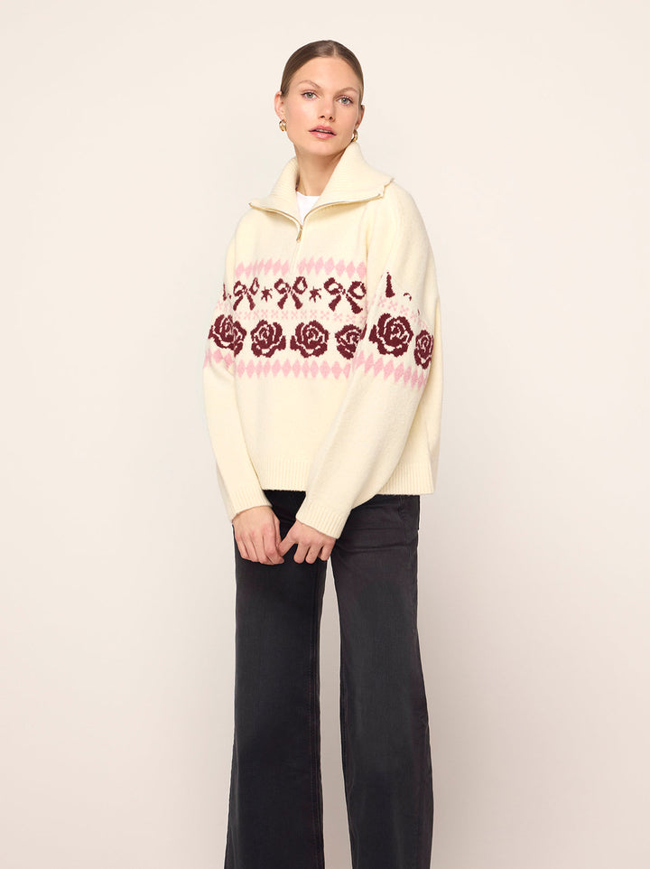 Uma Ivory Bow Fairisle Quarter Zip Sweater
